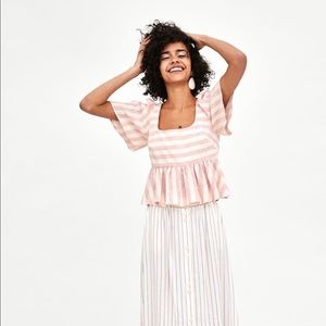 Zara summer pink/cream striped linen peplum top